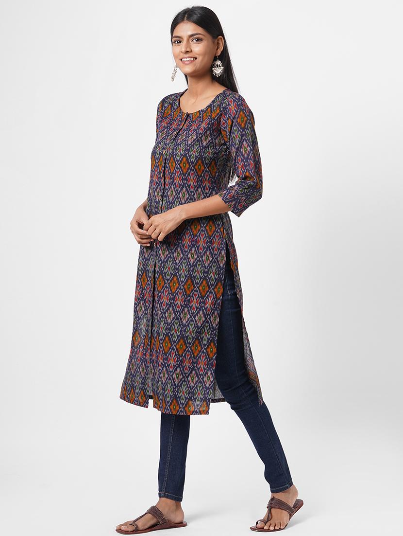 navy blue ikat print straight kurta - 18189434 - Zoom Image - 2