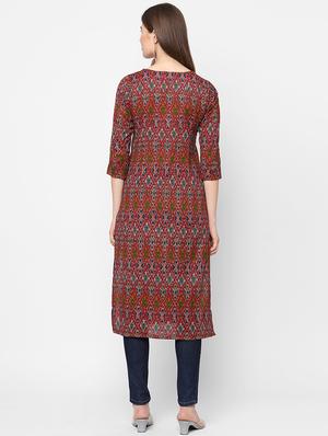 red printed straight kurta - 18189436 - Standard Image - 3
