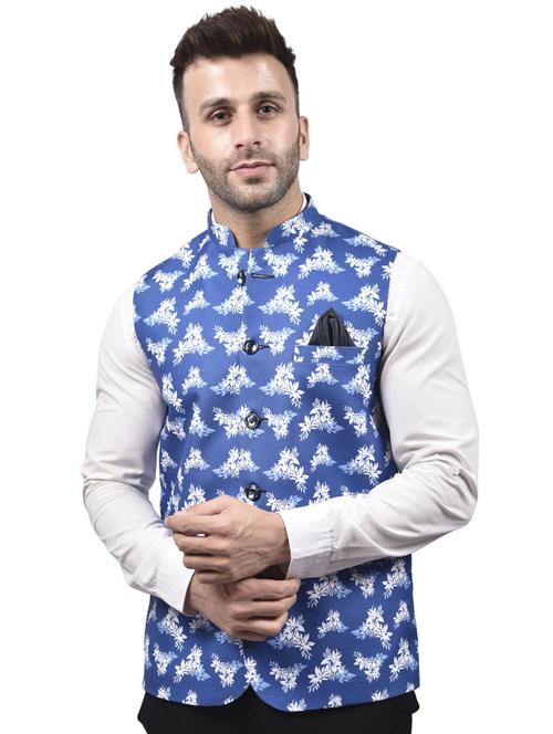 blue printed nehru jacket - 18189867 -  Standard Image - 0