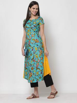blue printed flared kurta - 18192269 - Standard Image - 3