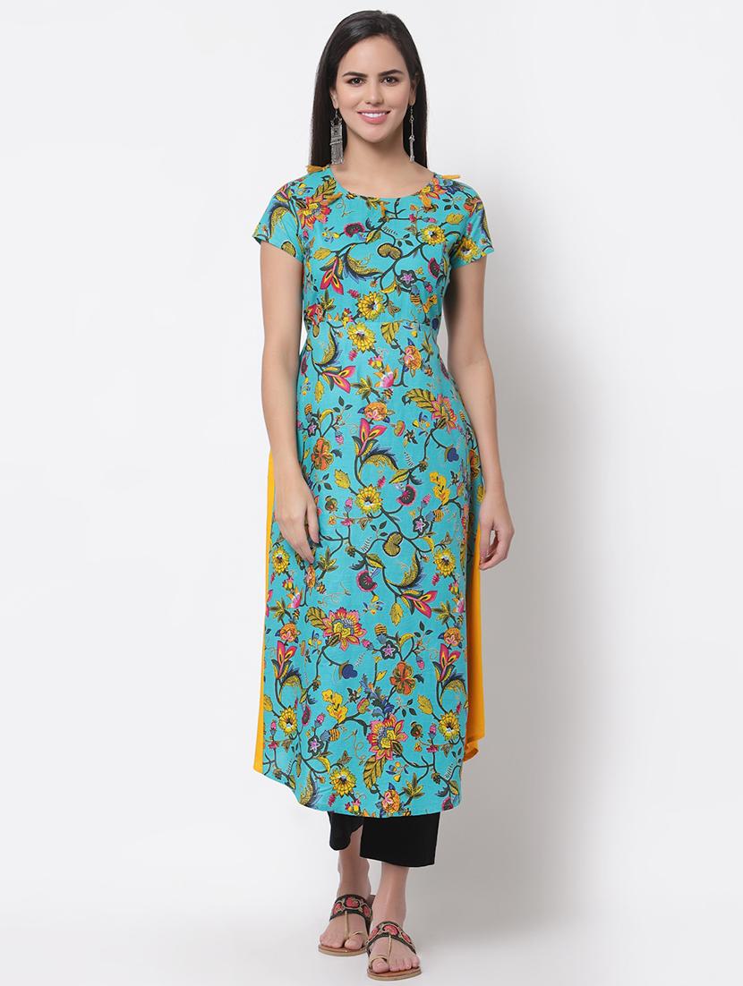 blue printed flared kurta - 18192269 - Zoom Image - 1