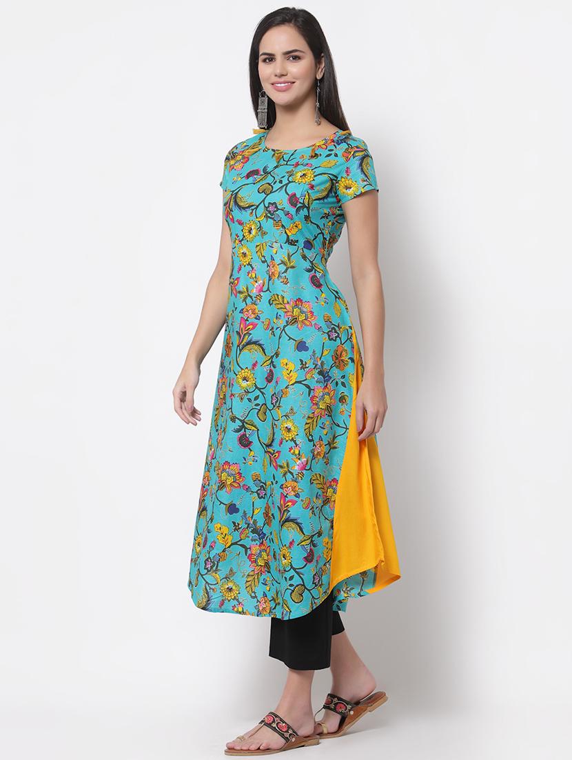 blue printed flared kurta - 18192269 - Zoom Image - 2