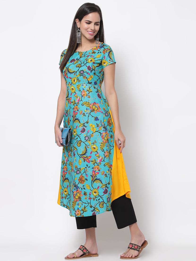 blue printed flared kurta - 18192269 - Zoom Image - 5