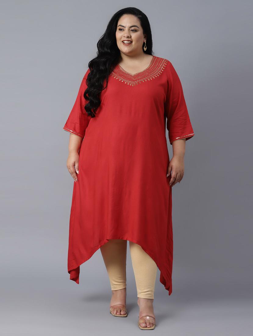 red viscose a-line plus size kurta - 18193209 - Zoom Image - 1