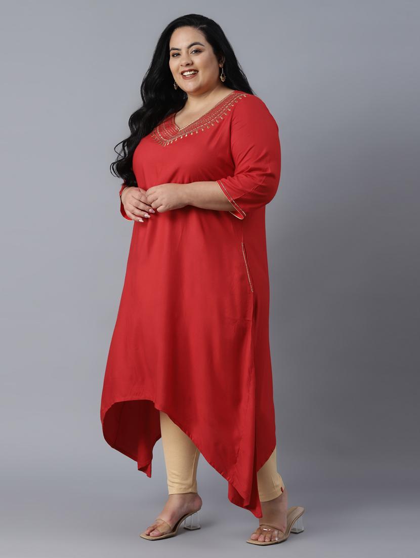 red viscose a-line plus size kurta - 18193209 - Zoom Image - 2