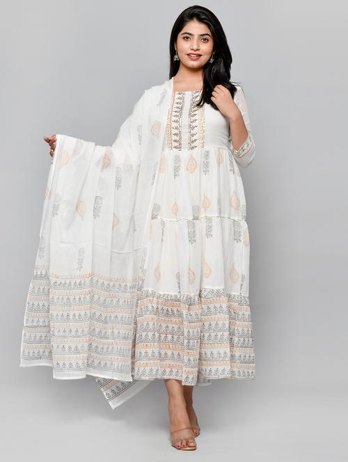 printed cotton fit & flare ethnic dress with dupatta - 18206237 - Standard Image - 1