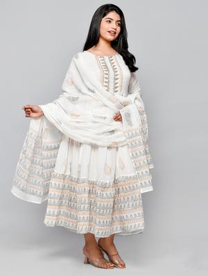 printed cotton fit & flare ethnic dress with dupatta - 18206237 - Standard Image - 2