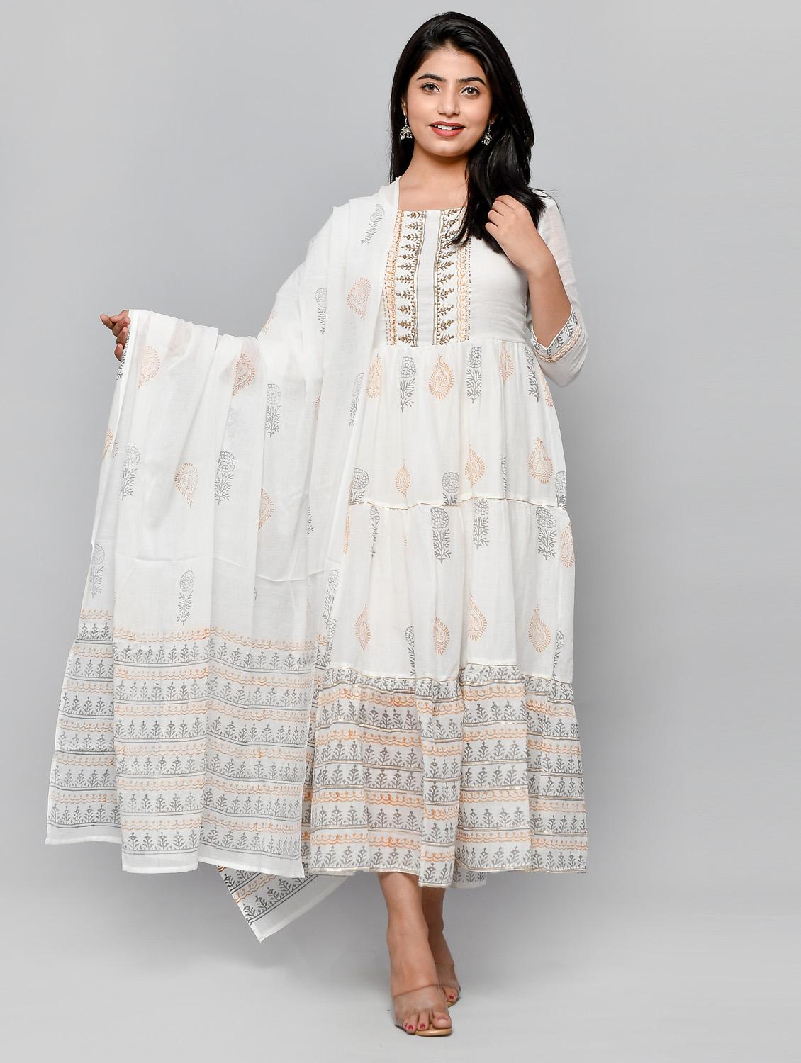 printed cotton fit & flare ethnic dress with dupatta - 18206237 - Zoom Image - 1