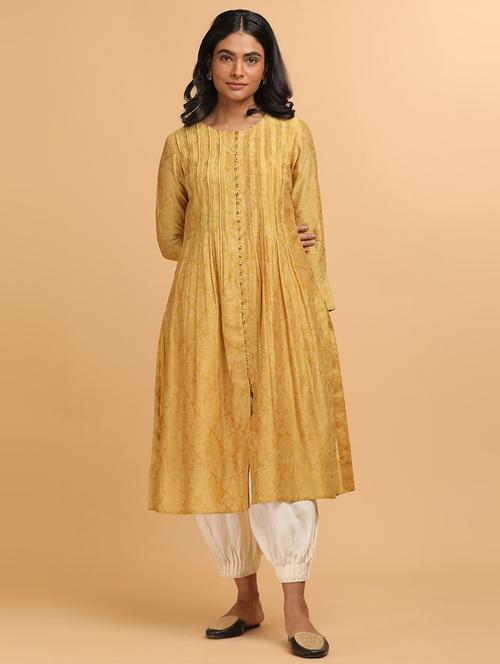 yellow cotton blend a-line kurta - 18206686 - Standard Image - 1