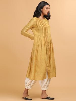 yellow cotton blend a-line kurta - 18206686 - Standard Image - 2