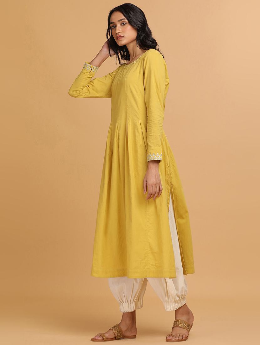 yellow cotton a-line kurta - 18206709 - Zoom Image - 2