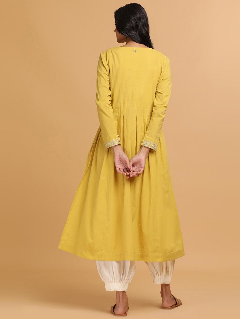 yellow cotton a-line kurta - 18206709 - Zoom Image - 3