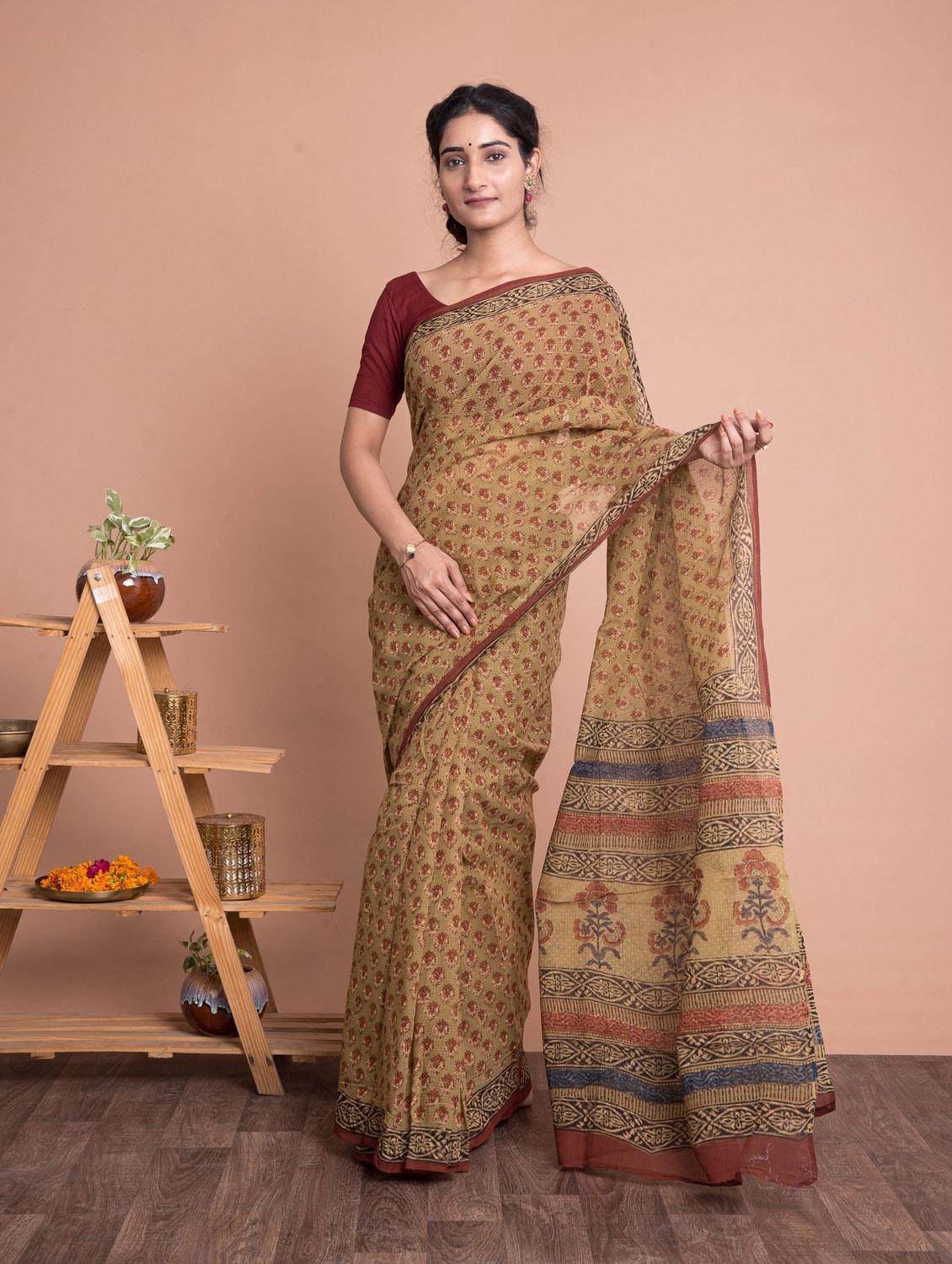 hand block printed saree with blouse - 18207238 - Zoom Image - 1