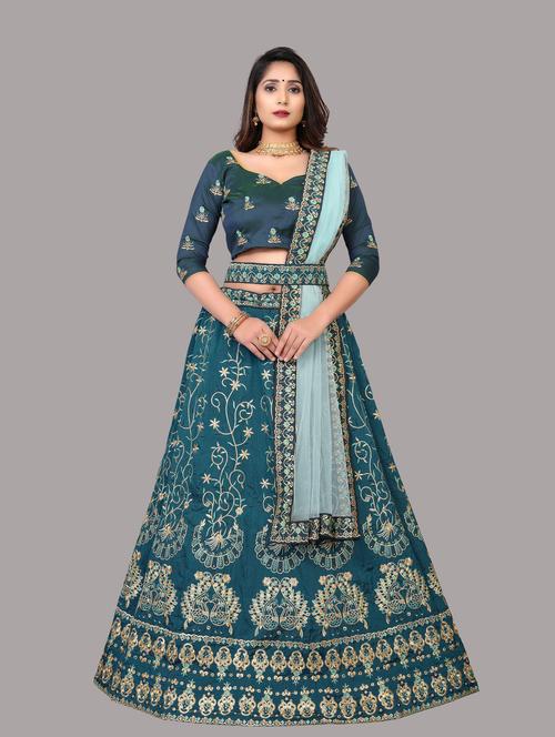 blue silk flared lehenga - 18210827 - Standard Image - 1
