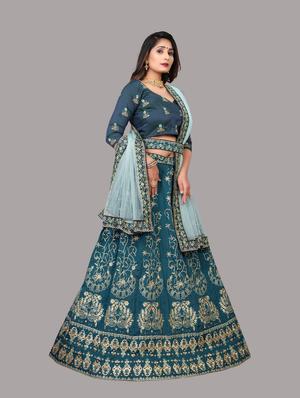 blue silk flared lehenga - 18210827 - Standard Image - 2