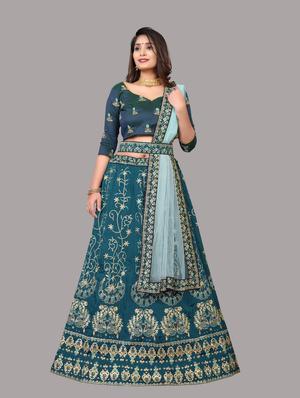 blue silk flared lehenga - 18210827 - Standard Image - 3