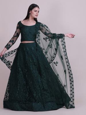 green silk flared lehenga - 18210834 - Standard Image - 3