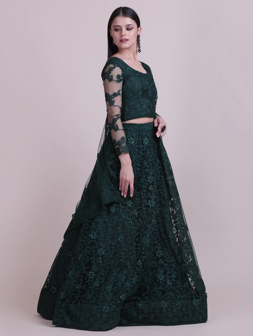 green silk flared lehenga - 18210834 - Zoom Image - 4