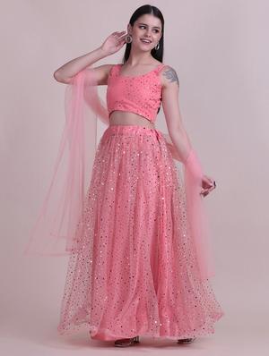 peach silk flared lehenga - 18210836 - Standard Image - 4