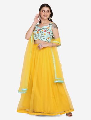 yellow net flared lehenga - 18210841 - Standard Image - 3