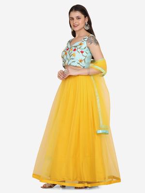 yellow net flared lehenga - 18210841 - Standard Image - 4