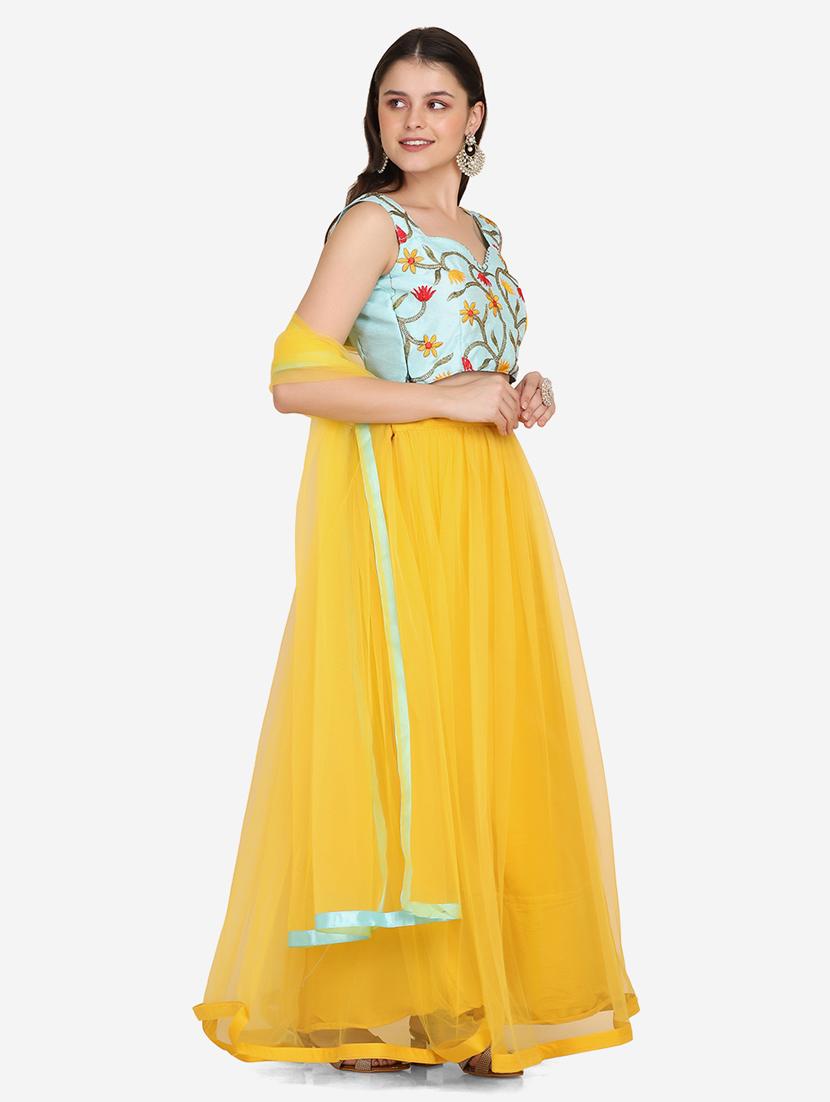yellow net flared lehenga - 18210841 - Zoom Image - 2