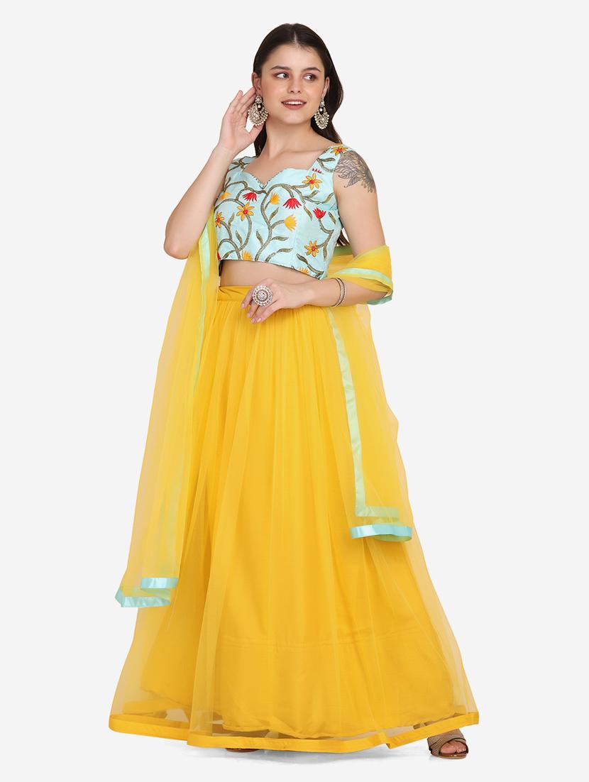 yellow net flared lehenga - 18210841 - Zoom Image - 3