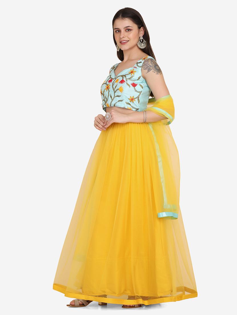 yellow net flared lehenga - 18210841 - Zoom Image - 4