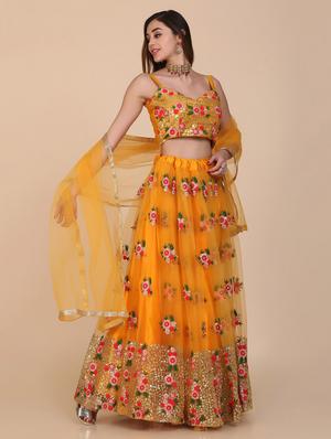 yellow net flared lehenga - 18210846 - Standard Image - 3