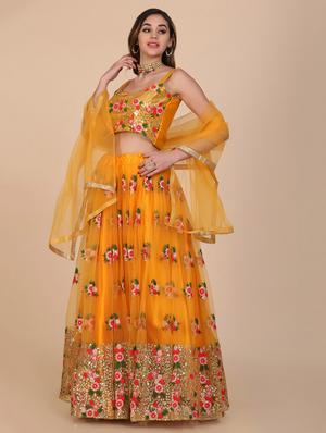 yellow net flared lehenga - 18210846 - Standard Image - 4