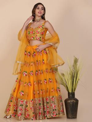 yellow net flared lehenga - 18210846 - Standard Image - 5