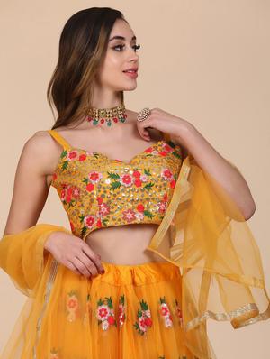 yellow net flared lehenga - 18210846 - Standard Image - 6
