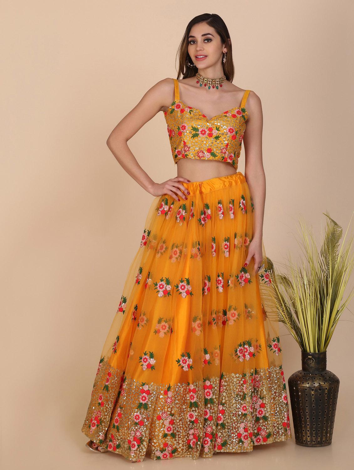 yellow net flared lehenga - 18210846 - Zoom Image - 2