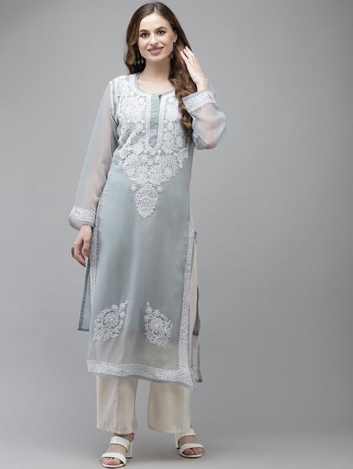 ada hand embroidered grey georgette lucknow chikankari kurta with slip - 18210850 - Standard Image - 1