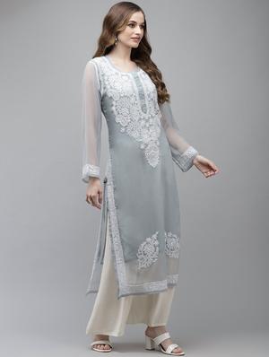 ada hand embroidered grey georgette lucknow chikankari kurta with slip - 18210850 - Standard Image - 2