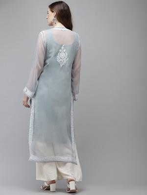 ada hand embroidered grey georgette lucknow chikankari kurta with slip - 18210850 - Standard Image - 3