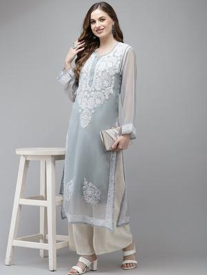 ada hand embroidered grey georgette lucknow chikankari kurta with slip - 18210850 - Standard Image - 4