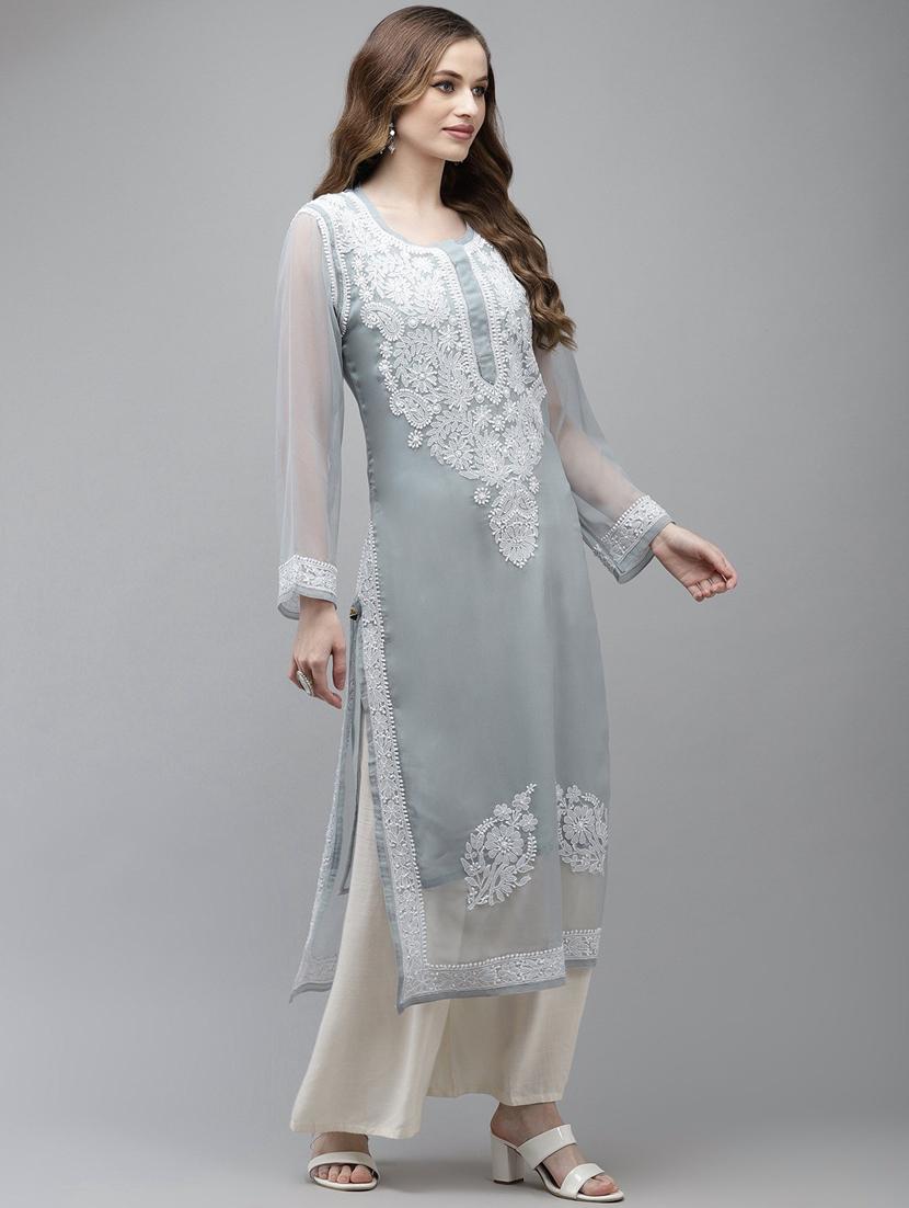 ada hand embroidered grey georgette lucknow chikankari kurta with slip - 18210850 - Zoom Image - 2