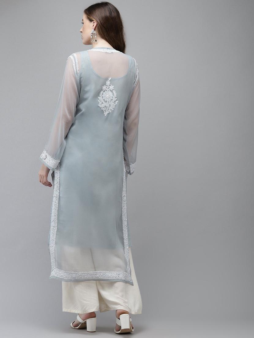 ada hand embroidered grey georgette lucknow chikankari kurta with slip - 18210850 - Zoom Image - 3