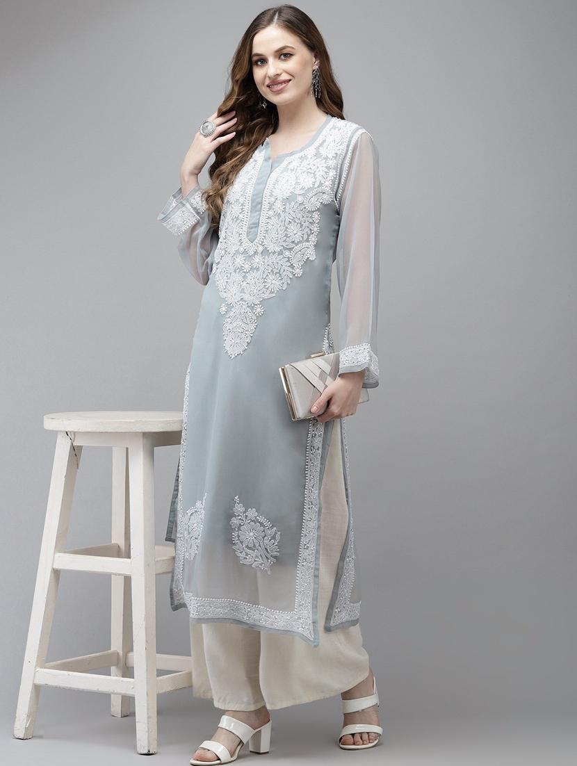 ada hand embroidered grey georgette lucknow chikankari kurta with slip - 18210850 - Zoom Image - 4
