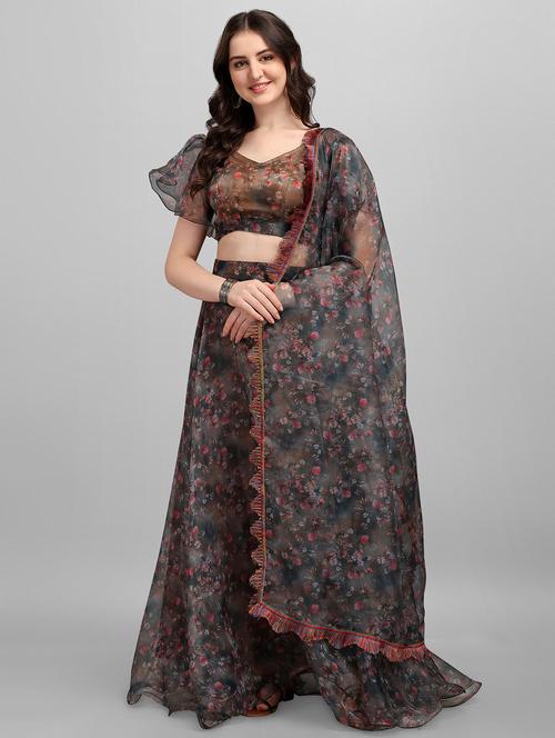 brown organza flared lehenga - 18211478 - Standard Image - 1