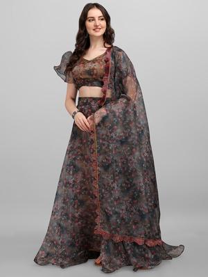 brown organza flared lehenga - 18211478 - Standard Image - 2