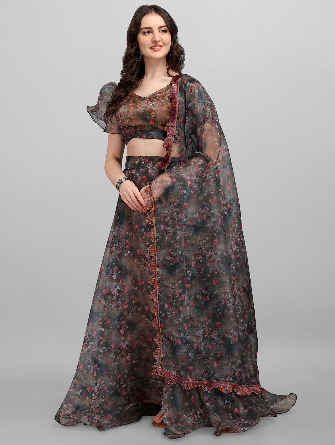 brown organza flared lehenga - 18211478 - Zoom Image - 2