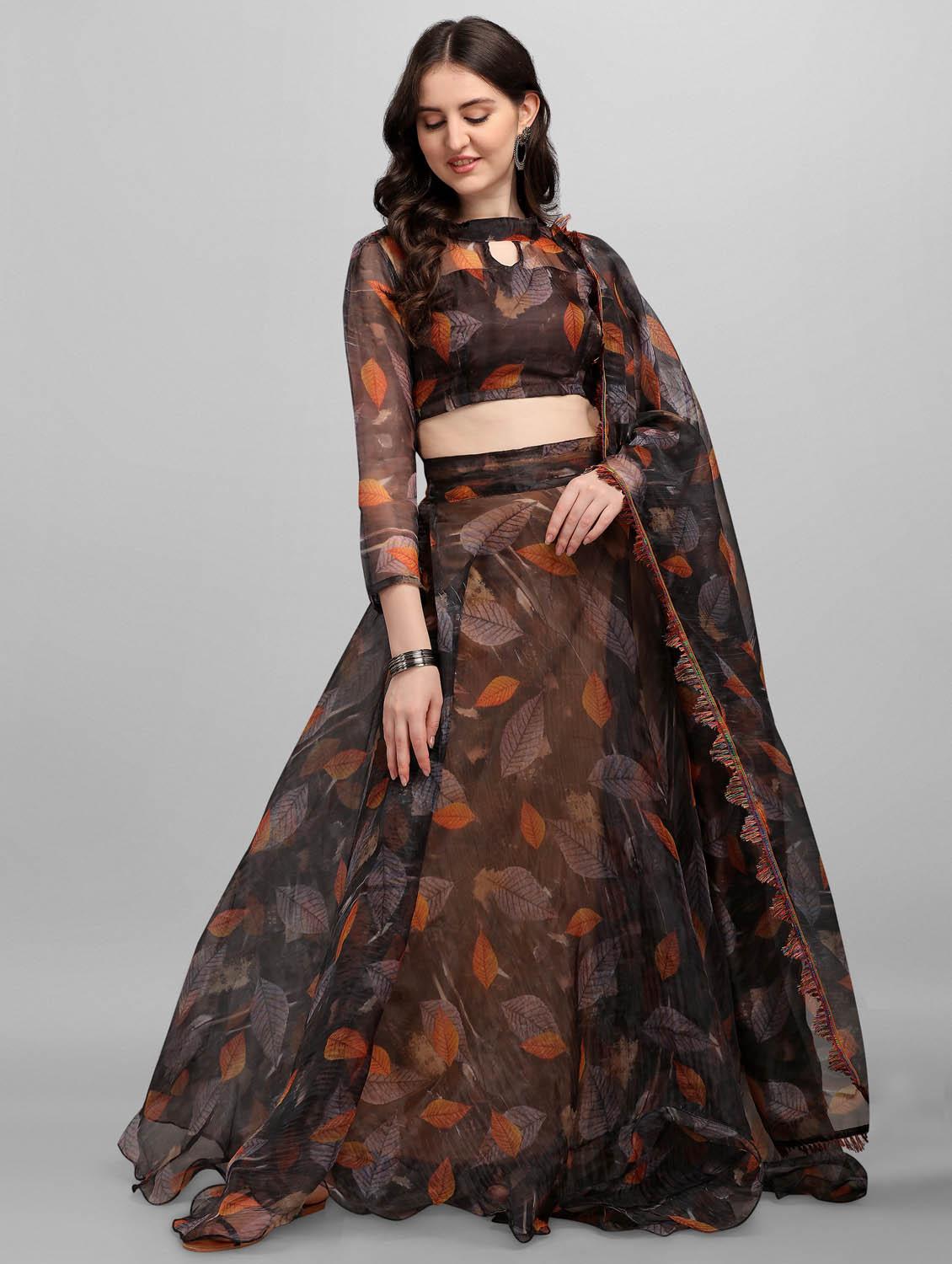 brown organza flared lehenga - 18211512 - Zoom Image - 3