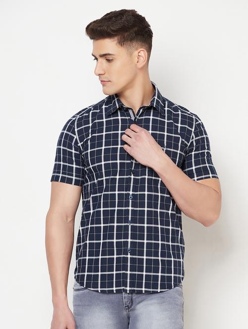 navy blue checkered casual shirt - 18211772 - Standard Image - 1