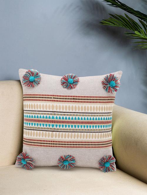 mezposh beige & multi polycotton chambray & jacquard colorblocked & striped cushion cover with pompoms (16x16in) - 18212309 -  Standard Image - 0