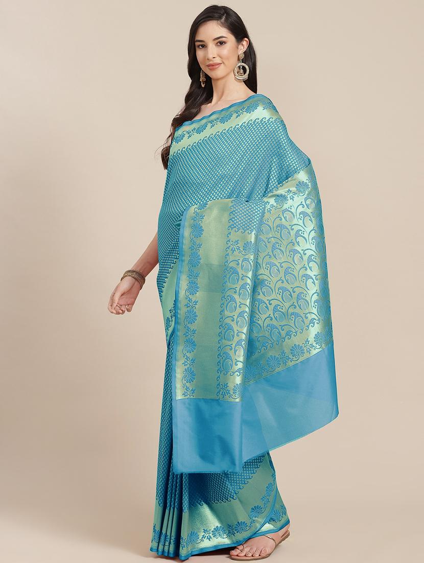 blue silk blend banarasi saree with blouse - 18212951 - Zoom Image - 1