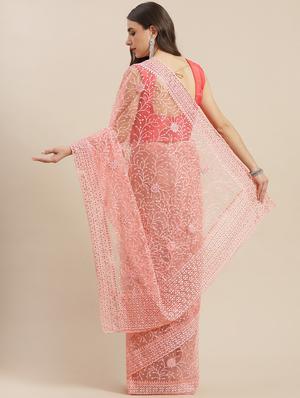 peach net embroidered saree with blouse - 18213025 - Standard Image - 2