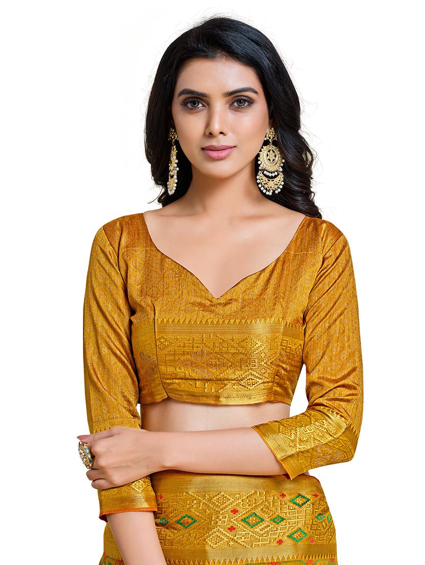 mustard art silk kanjivaram saree with blouse - 18214811 - Zoom Image - 3
