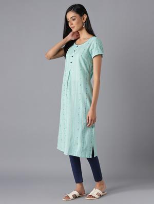 green cotton straight kurta - 18216446 - Standard Image - 3